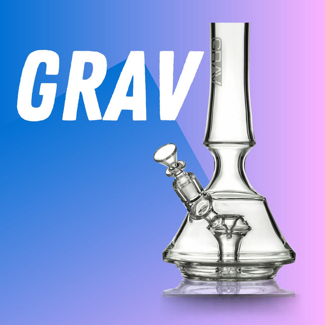 GRAV white text next to large grav beaker bong, blue and pink gradient background