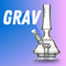 GRAV white text next to large grav beaker bong, blue and pink gradient background