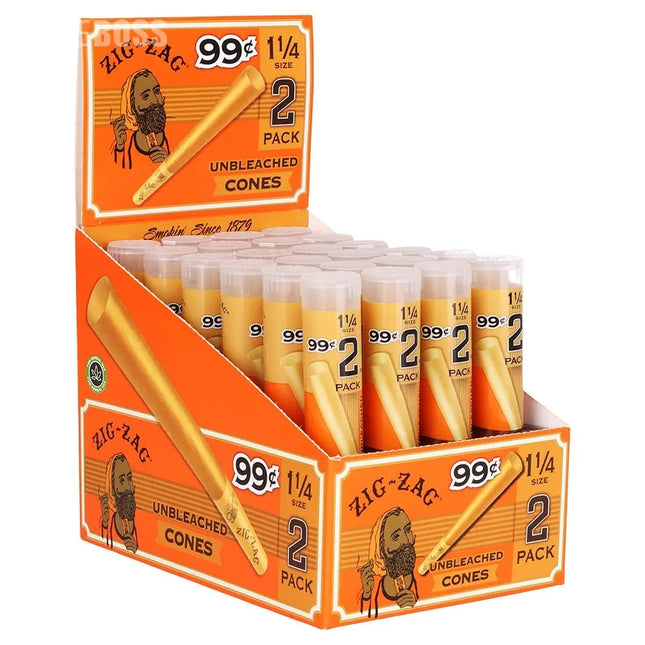 24CT DISPLAY - Zig Zag Pre-Priced Unbleached Cones - 1 1/4 / 2pc - Vape Boss