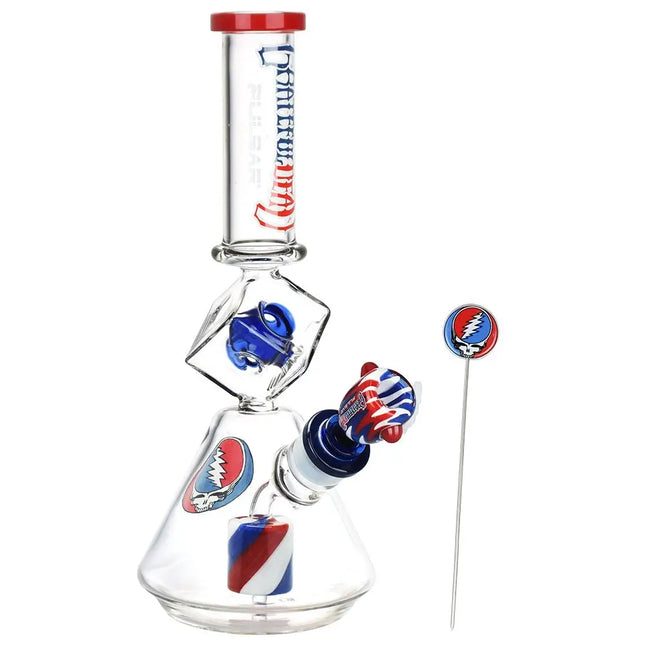 Grateful Dead x Pulsar Inception Cube Beaker Glass Water Pipe - 12.75" / 14mm F Smoke Drop