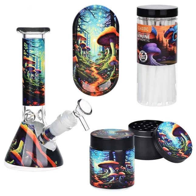 Mushroom Forest Glass Beaker Water Pipe Smoking Set - 7.75" - Vape Boss