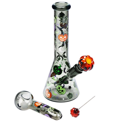 Pulsar Halloween Party Herb Pipe Glow Duo- 10" / 14mm F Smoke Drop