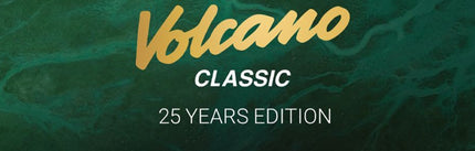 Promotional graphic for 'Volcano Classic 25 Years Edition' with gold text on a green textured background.